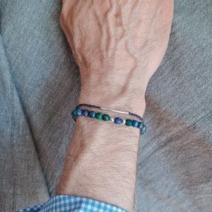 New men's natural azurite stone with sterling silver  2 pieces set bracelet
